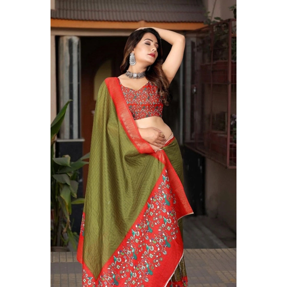 Green-Red cotton silk printed saree with unstitched blouse, traditional Indian women's clothing for festive occasions