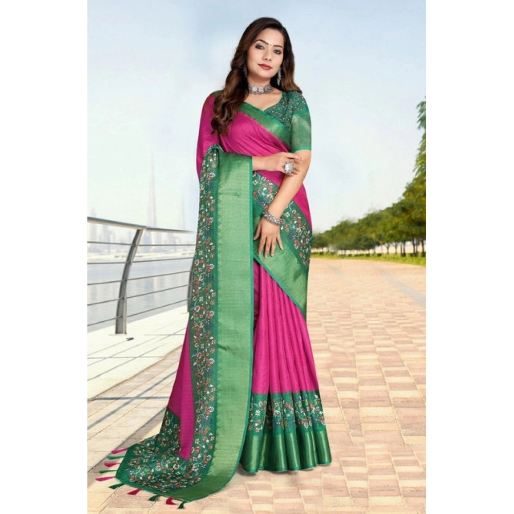 Multicolor cotton silk printed saree with unstitched blouse (5.5mtr), vibrant ethnic wear on hanger
