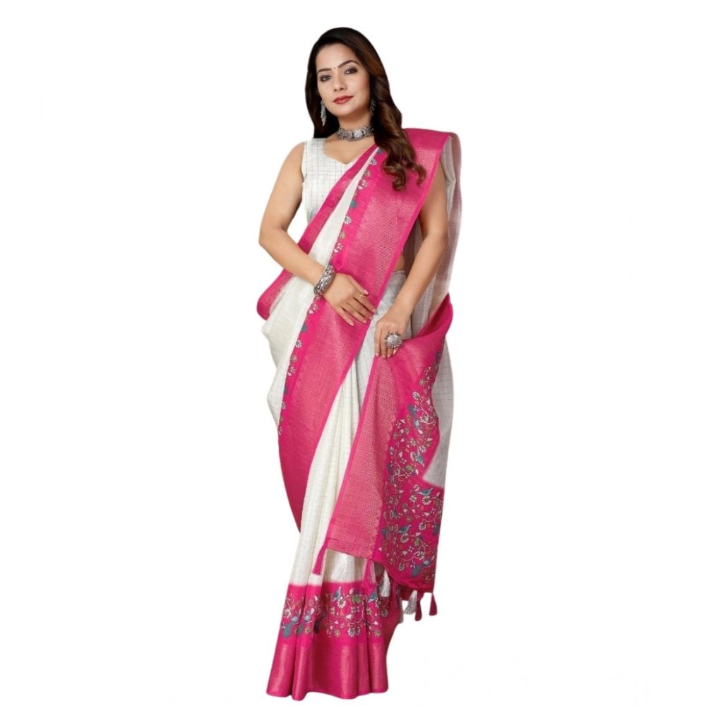 White-pink printed cotton silk saree with unstitched blouse, vibrant Indian fashion wear on display