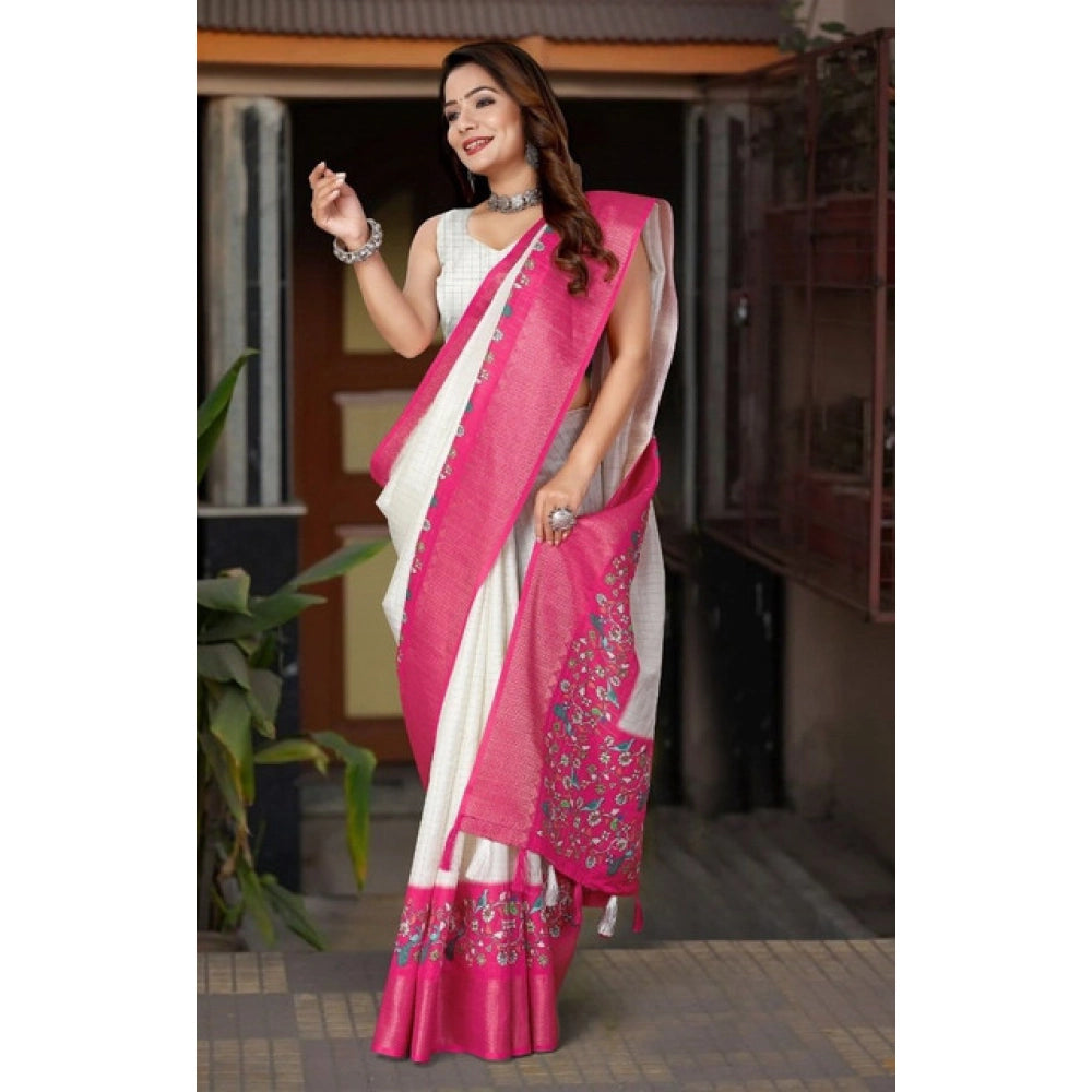 White-pink cotton silk printed saree with unstitched blouse (5.5mtr) - traditional Indian attire for women on a mannequin