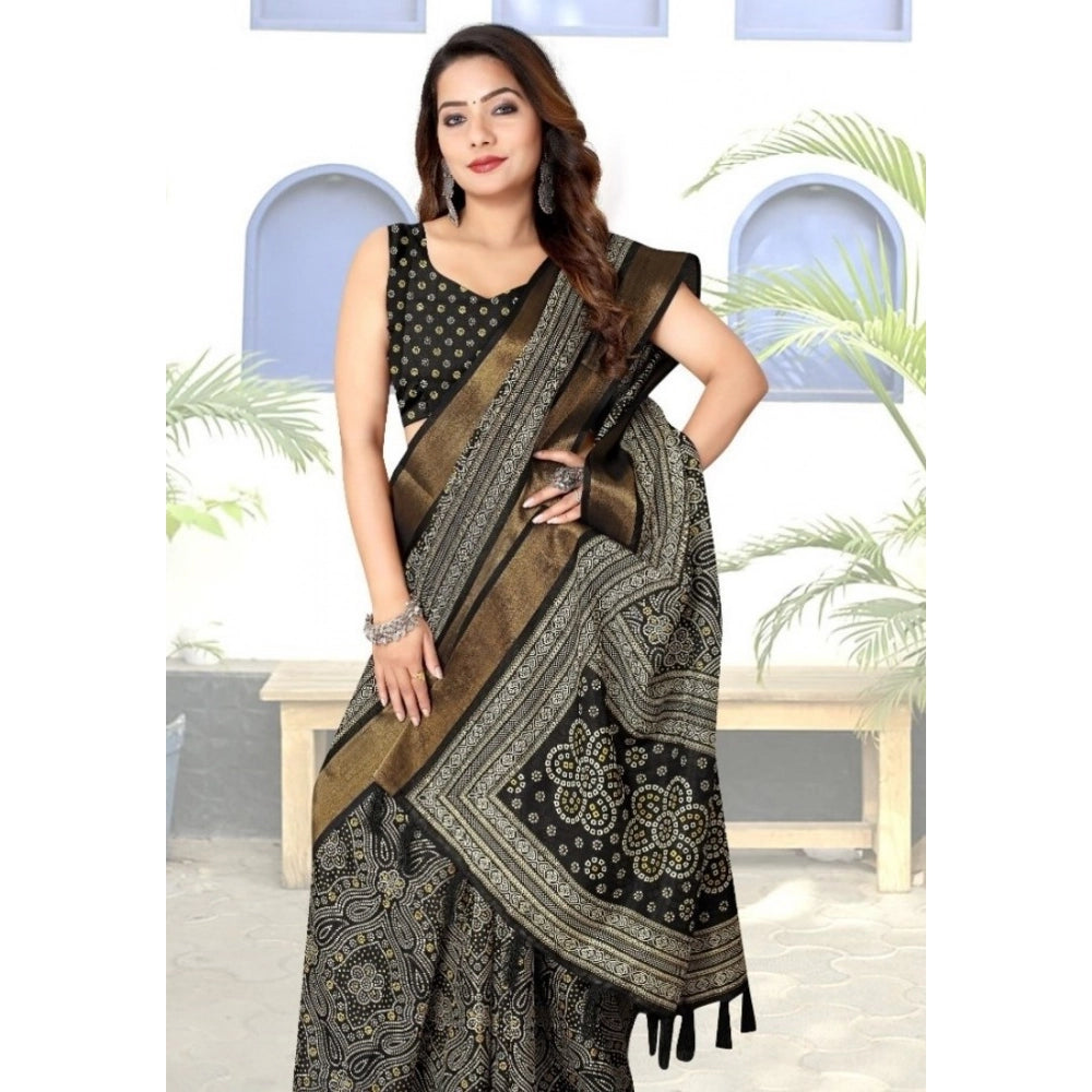 Black cotton silk printed saree with unstitched blouse (5.5Mtr)