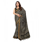 Black cotton silk printed saree with unstitched blouse, vibrant design on display