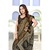 Black cotton silk printed saree with unstitched blouse, vibrant design for traditional Indian wear