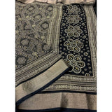 Black cotton silk printed saree with unstitched blouse (5.5Mtr) on mannequin