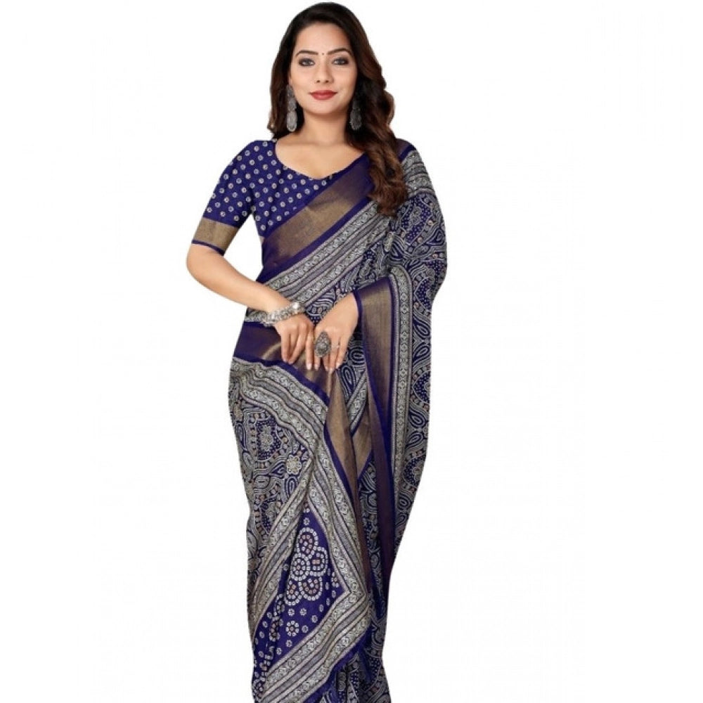 Blue cotton silk printed saree with unstitched blouse, 5.5Mtr