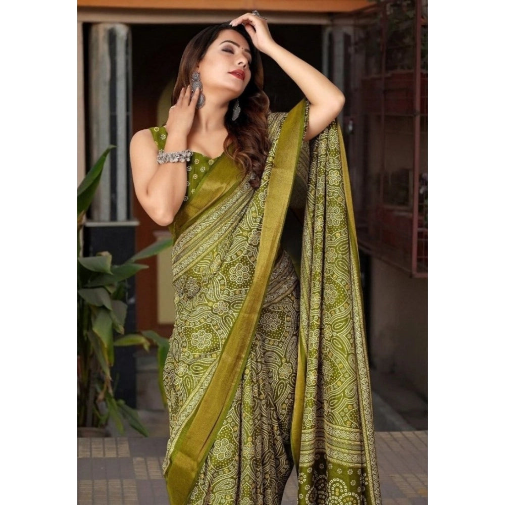 Green cotton silk printed saree with unstitched blouse (5.5Mtr)