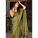 Green cotton silk printed saree with unstitched blouse (5.5Mtr)