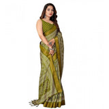 Green cotton silk printed saree with unstitched blouse, vibrant floral pattern on display