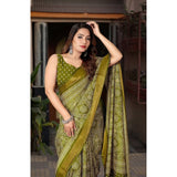 Green cotton silk printed saree with unstitched blouse, vibrant floral pattern on a 5.5mtr length