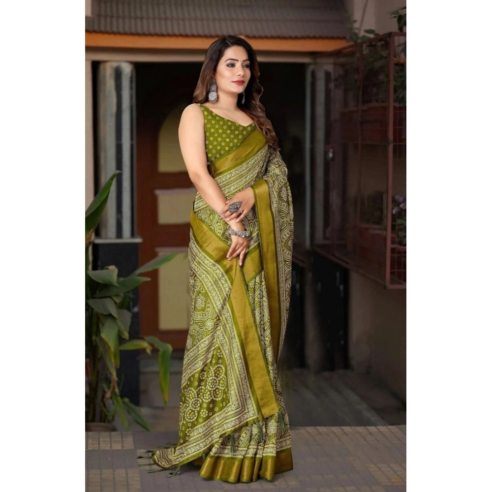 Green cotton silk printed saree with unstitched blouse, vibrant Indian fashion for women