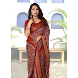 Maroon cotton silk printed saree with unstitched blouse, vibrant design for traditional Indian wear