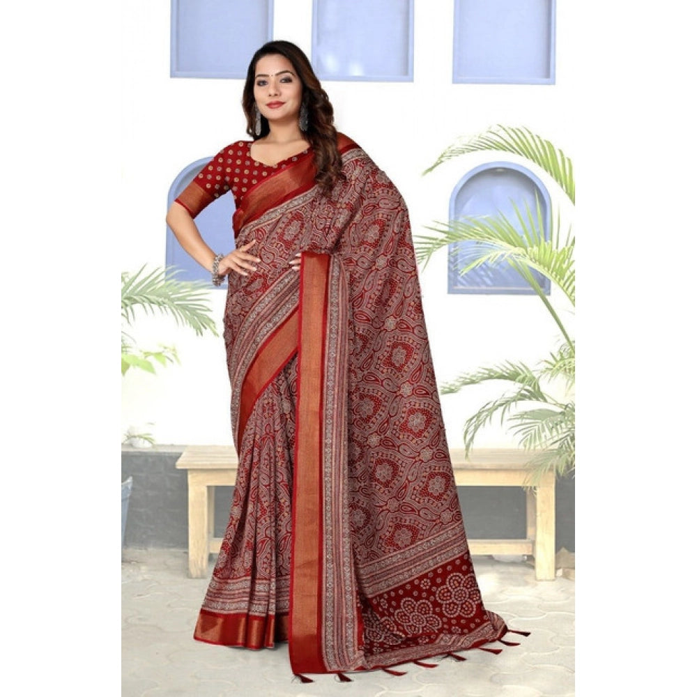 Maroon cotton silk printed saree with unstitched blouse, vibrant floral pattern on 5.5mtr length
