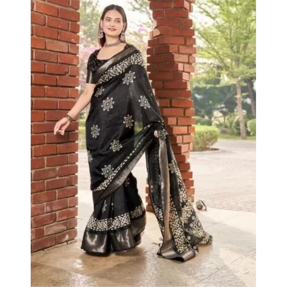 Black cotton silk printed saree with unstitched blouse (5.5mtr)