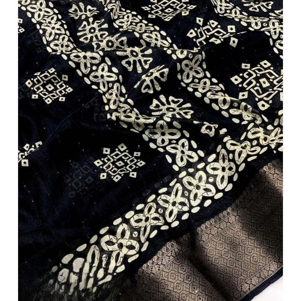 Black cotton silk printed saree with unstitched blouse, intricate design on display