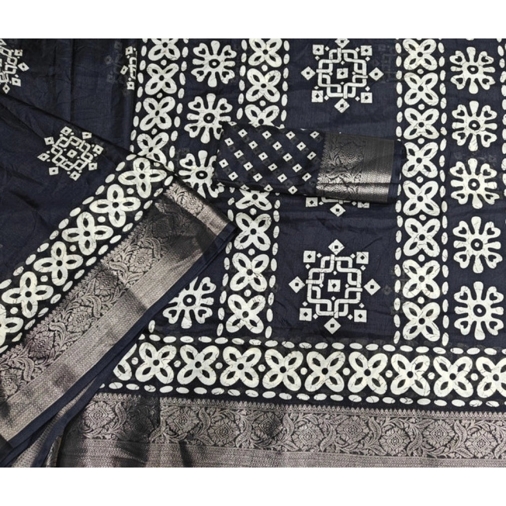 Black cotton silk printed saree with unstitched blouse (5.5mtr) - intricate design on traditional Indian attire