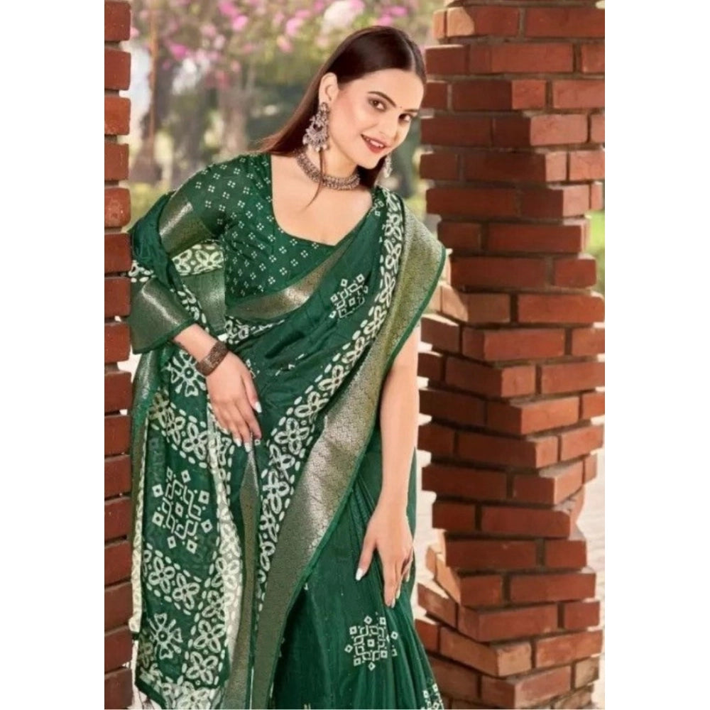 Green cotton silk printed saree with unstitched blouse, vibrant floral design for traditional Indian wear