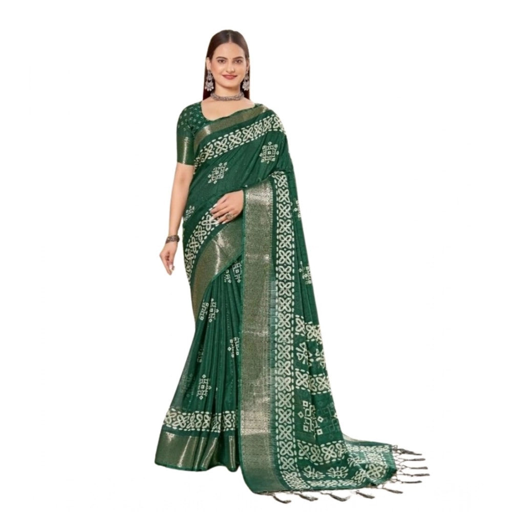 Green cotton silk printed saree with unstitched blouse, vibrant floral design for women's fashion