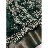 Green cotton silk printed saree with unstitched blouse (5.5Mtr) on mannequin for Indian women's fashion