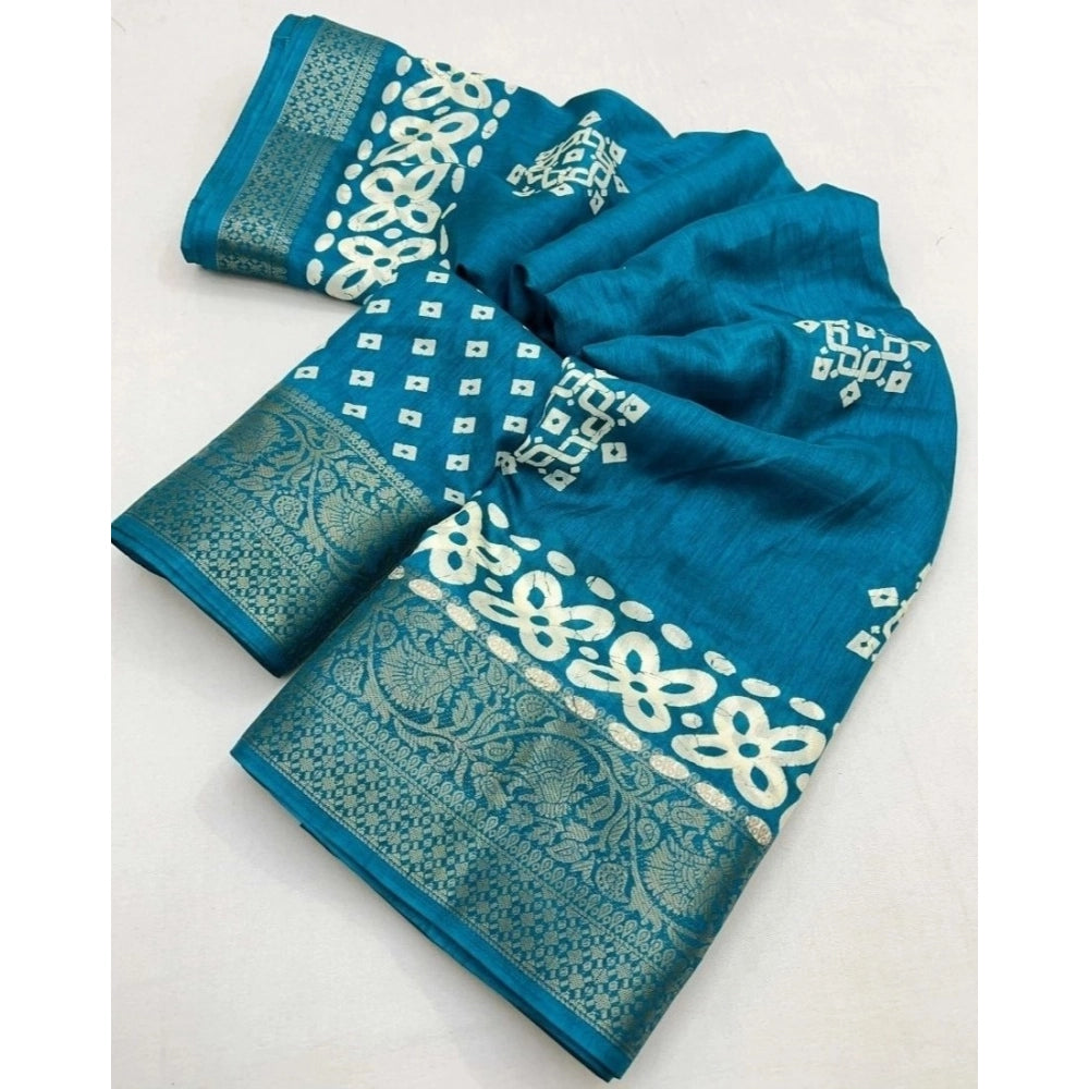 Rama-colored cotton silk printed saree with unstitched blouse (5.5Mtr), traditional Indian attire on display