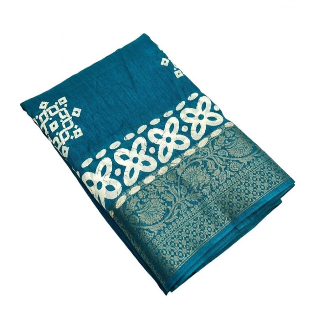 Rama-colored cotton silk printed saree with unstitched blouse (5.5Mtr), traditional Indian wear on hanger
