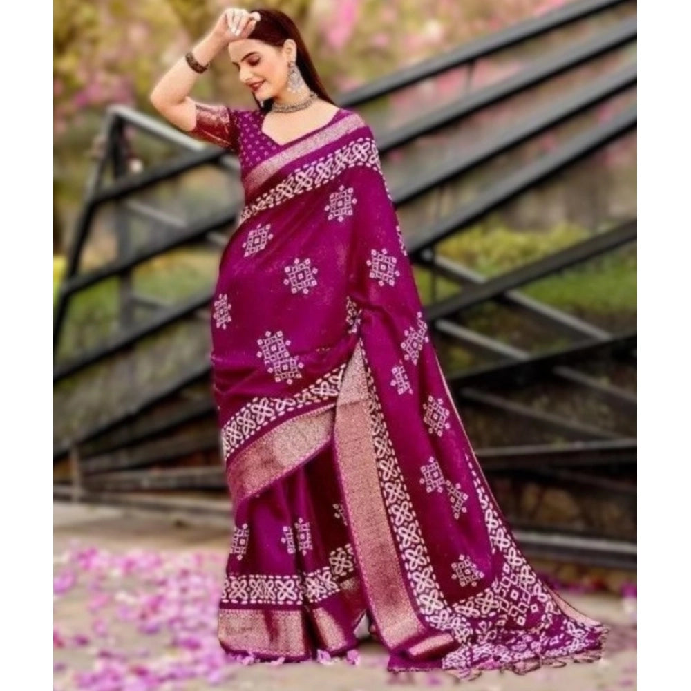 Women's wine-colored cotton silk printed saree with unstitched blouse (5.5Mtr)
