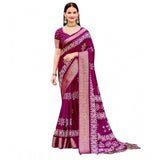 Women's wine cotton silk printed saree with unstitched blouse, 5.5Mtr length