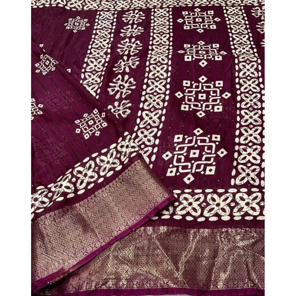 Women's wine-colored cotton silk printed saree with unstitched blouse, intricate patterns on display