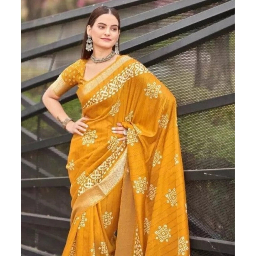 Yellow cotton silk printed saree with unstitched blouse (5.5mtr)