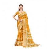 Yellow cotton silk printed saree with unstitched blouse (5.5mtr) on display
