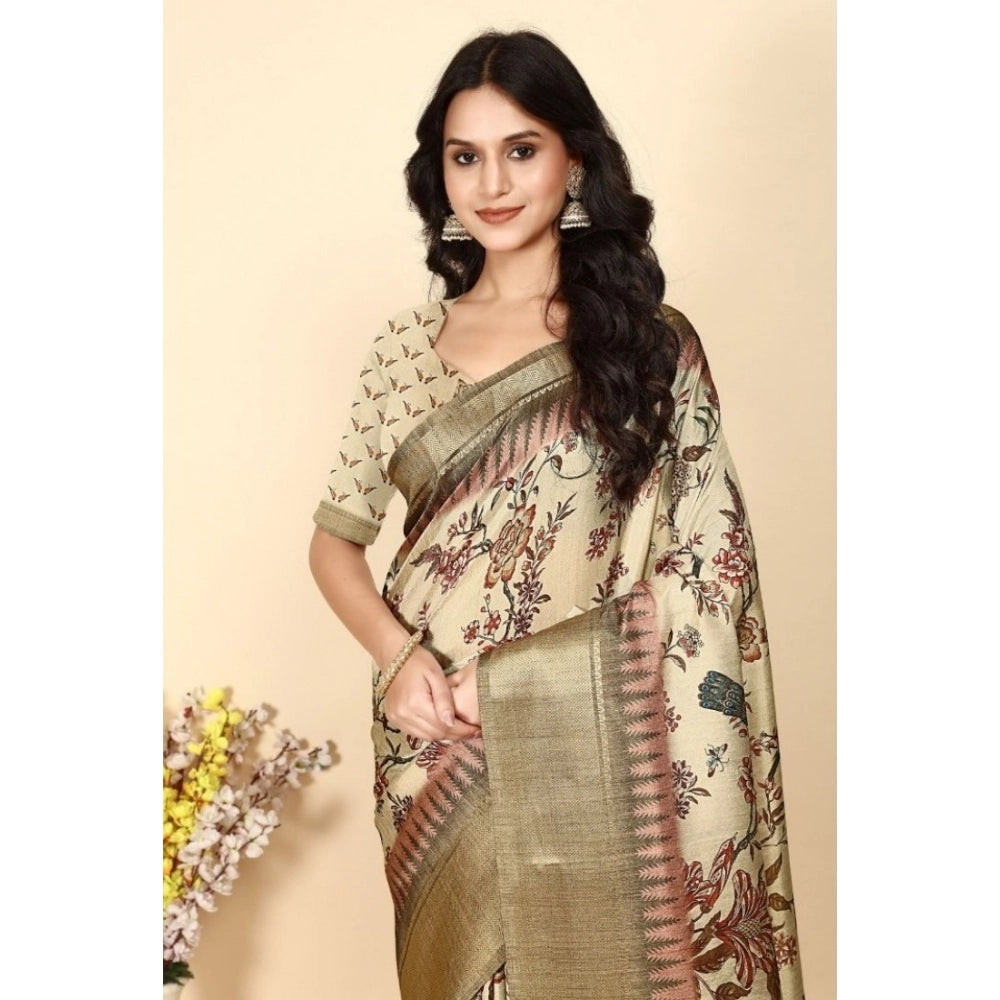 Cream cotton silk printed saree with unstitched blouse, versatile Indian women's wear for special occasions