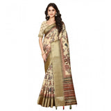 Cream cotton silk printed saree with unstitched blouse (5.5mtr), elegant Indian women's fashion on display