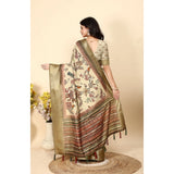 Cotton silk printed cream saree with unstitched blouse, vibrant Indian fashion for women's ethnic wear