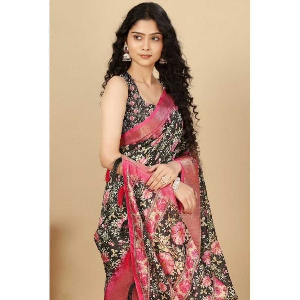 Black cotton silk floral printed saree with unstitched blouse (5.5Mtr) - elegant women's traditional wear for special occasions