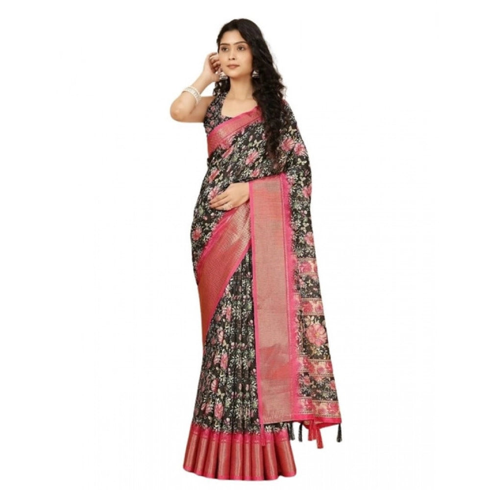 Black cotton silk floral printed saree with unstitched blouse, vibrant blooms on a luxurious fabric