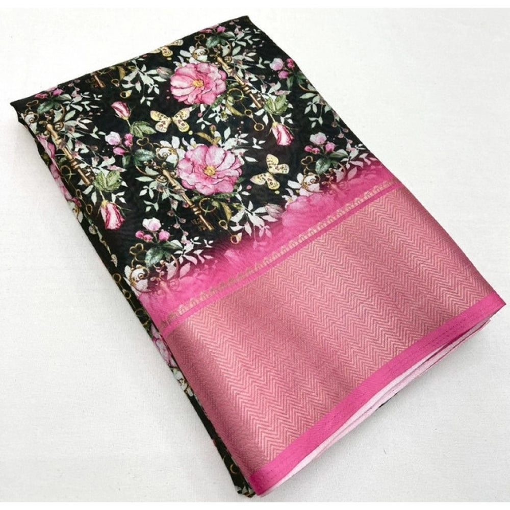 Black cotton silk floral printed saree with unstitched blouse, elegant women's traditional Indian wear