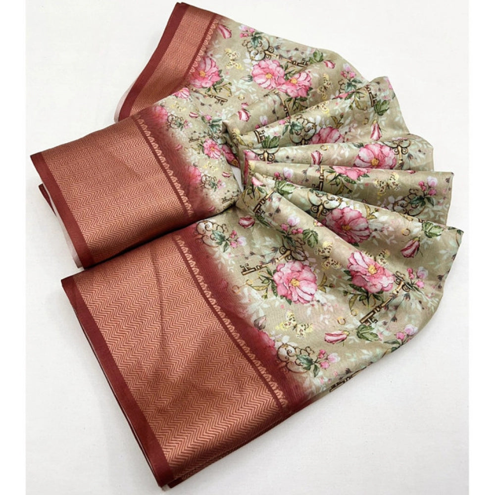 Golden cotton silk floral printed saree with unstitched blouse (5.5mtr), vibrant floral patterns for traditional Indian wear