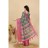 Green cotton silk floral printed saree with unstitched blouse, 5.5mtr for women's traditional Indian wear