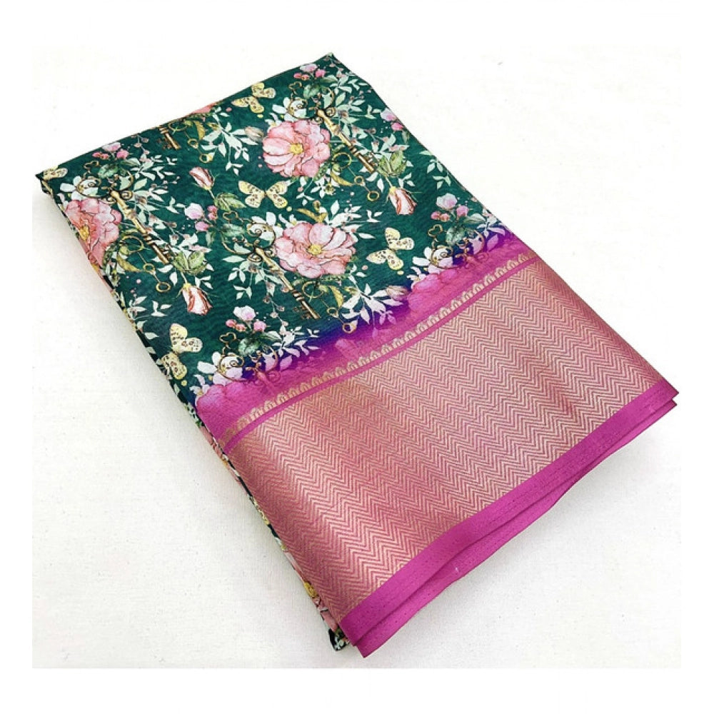 Green cotton silk floral printed saree with unstitched blouse, 5.5Mtr - detailed view of intricate design