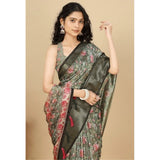 Grey cotton silk floral printed saree with unstitched blouse, 5.5Mtr (close-up)