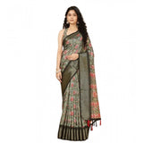 Grey cotton silk floral printed saree with unstitched blouse, 5.5Mtr length on mannequin