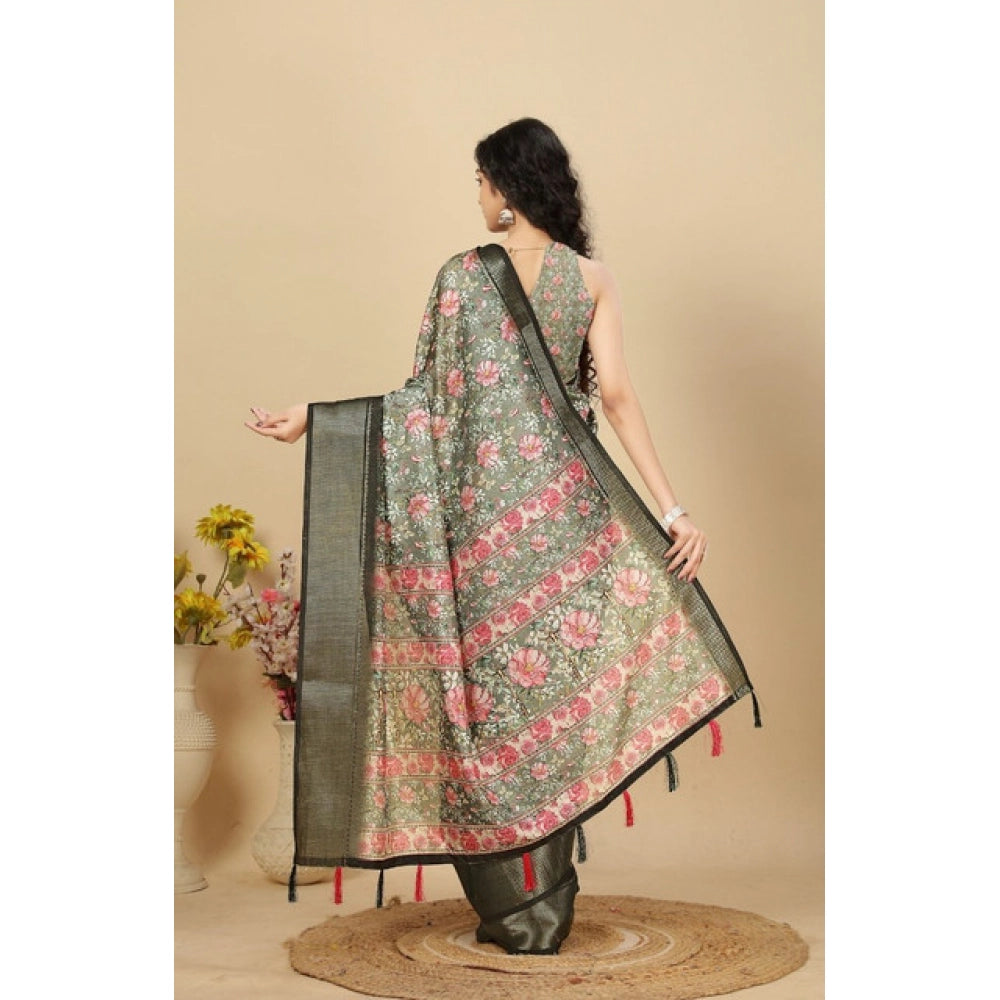 Grey cotton silk floral printed saree with unstitched blouse, 5.5mtr length on mannequin