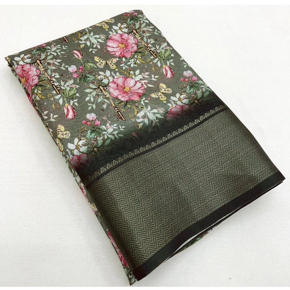 Grey cotton silk floral printed saree with unstitched blouse, elegant women's traditional wear