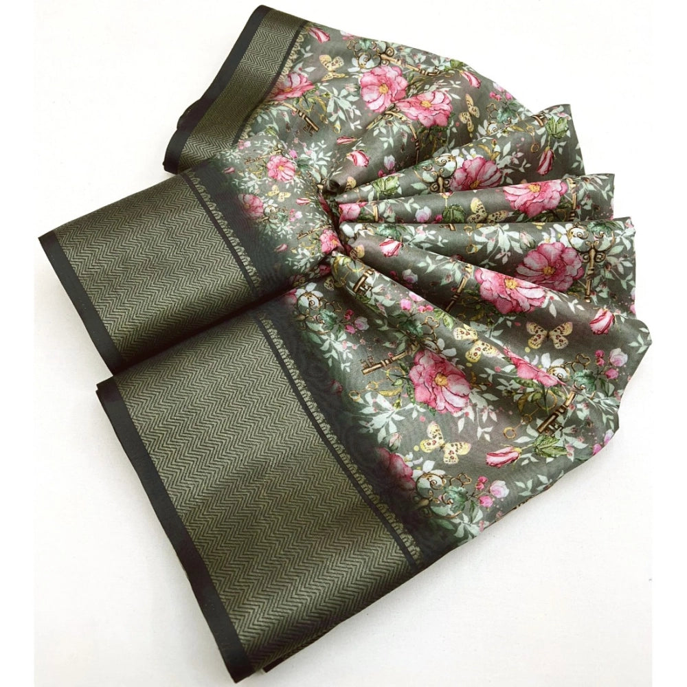 Grey cotton silk floral printed saree with unstitched blouse, intricate floral design for Indian women's fashion