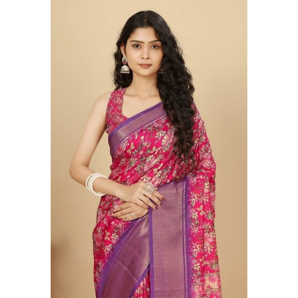 Pink cotton silk floral printed saree with unstitched blouse, 5.5Mtr length for traditional Indian wear