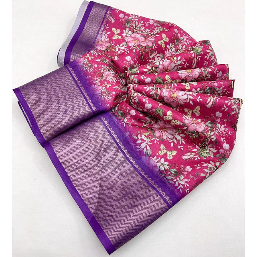 Pink cotton silk floral printed saree with unstitched blouse (5.5mtr), vibrant floral design on traditional Indian wear