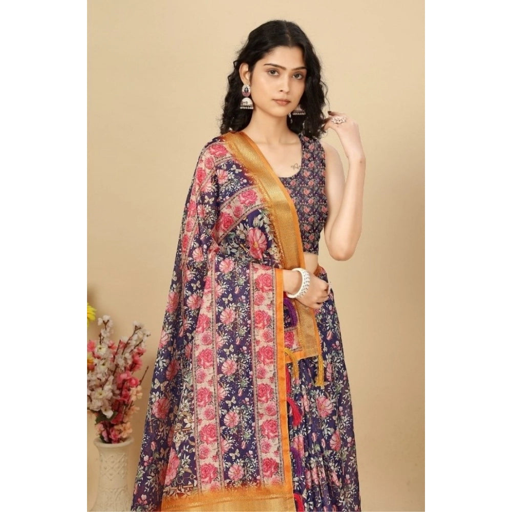 Purple cotton silk floral printed saree with unstitched blouse (5.5Mtr), traditional Indian women's wear on display
