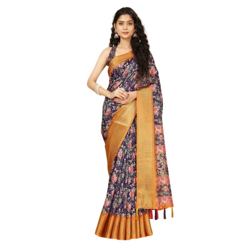 Purple cotton silk floral printed saree with unstitched blouse (5.5Mtr), elegant traditional Indian women's wear