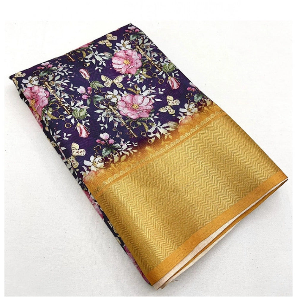 Purple cotton silk floral printed saree with unstitched blouse, 5.5Mtr - vibrant traditional Indian wear for women