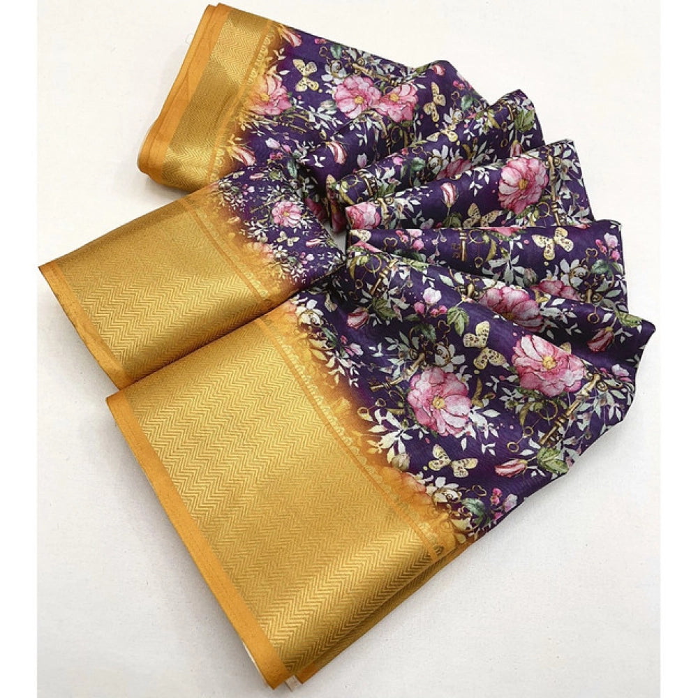 Purple cotton silk floral printed saree with unstitched blouse (5.5mtr), women's traditional Indian fashion