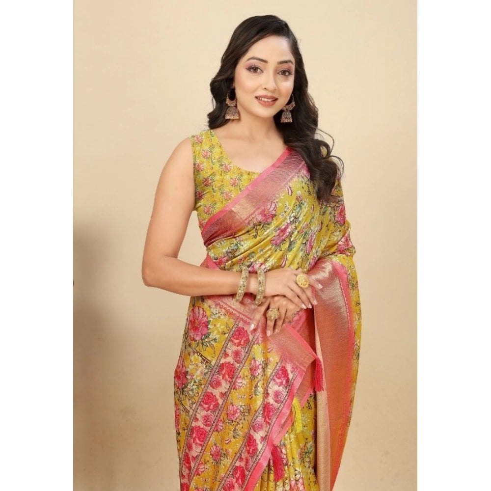 Yellow cotton silk floral printed saree with unstitched blouse (5.5mtr), traditional Indian attire on mannequin